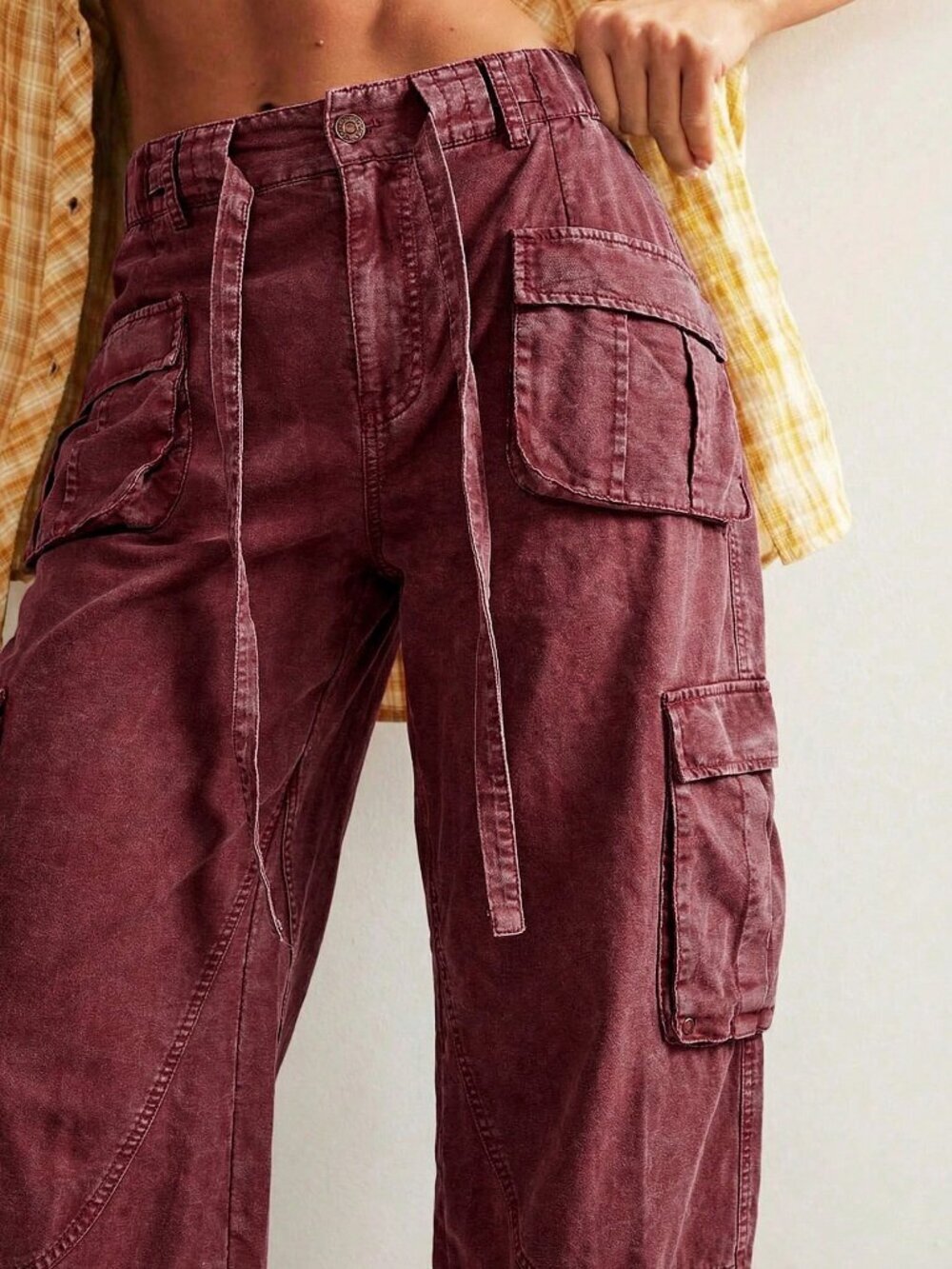 Burgundy Casual Women's Woven Loose Drawstring Waist Low-Rise Wide Leg Pants - Picture 4 of 10